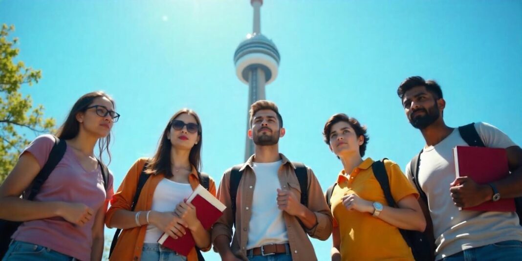 Five people with backpacks and books stand outdoors near a tall tower under a clear blue sky.